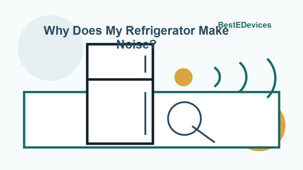 Cartoon illustration of a refrigerator with sound waves and inspection magnifier